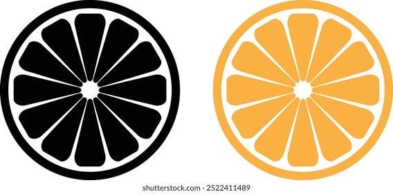 Icono de rebanada naranja en colores negro y naranja . Vector de ícono de media rodaja de fruta cítrica