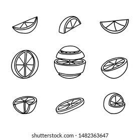 Orange slice icon vector set. Black and white fruit outline collection. 