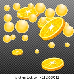Orange slice with juice splash on transparent grid background