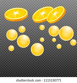 Orange slice with juice splash on transparent grid background