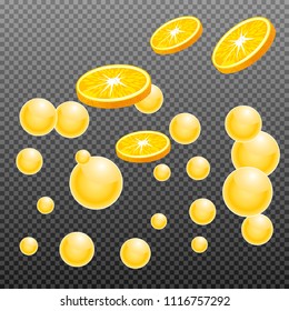 Orange slice with juice splash on transparent grid background