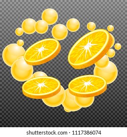Orange slice with juice splash on transparent grid background