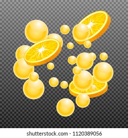 Orange slice with juice splash on transparent grid background