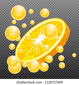 Orange slice with juice splash on transparent grid background