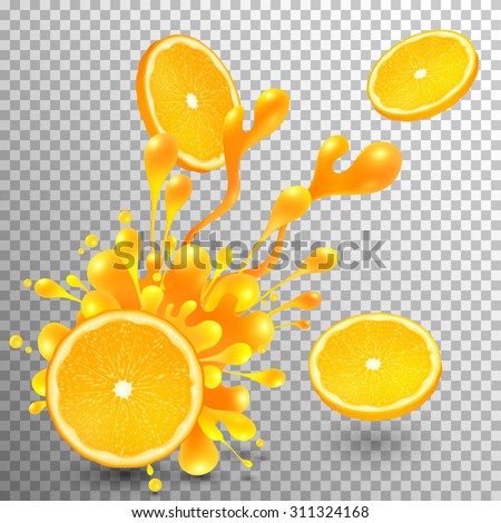 Orange slice with juice splash on transparent grid background