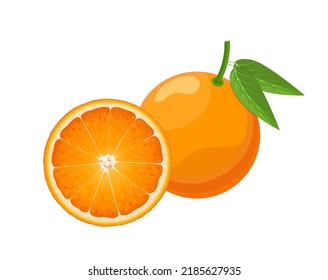 Orange and slice with leaf, flat style vector illustration isolated on white background