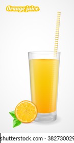 Orange slice with leaf and orange juice in a glass. Vector illustration.