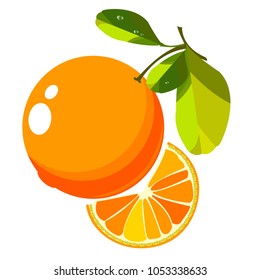 
Orange with a slice and leaves.