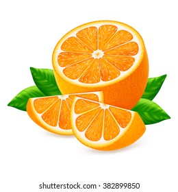 Orange slice with leaves isolated on white background. Vector illustration for decorative poster, emblem natural product, farmers market. Perfect for packaging design of cosmetics and food.