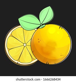 Orange Slice With Leaves. Vector Illustration For Decorative Poster, Emblem Natural Product, Farmers Market.
