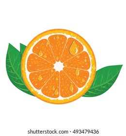Orange slice with leaves and water drops isolated on white background. Perfect for organic concept poster, emblem natural product.