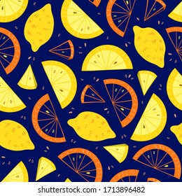 Orange slice and lemon seamless pattern. Citrus fruit background in colorful cartoon style. Juicy tasty appetizing illustration. Vector wallpaper for food design and textile.