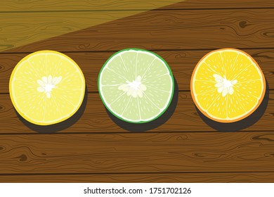 

Orange-, Slice-, Zitronen-, Scheich-Zitronenscheiben auf Holzfußboden