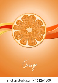 Orange slice with lines on orange background. Vector illustration for decorative poster, emblem natural product, farmers market. Perfect for packaging design of cosmetics and food.