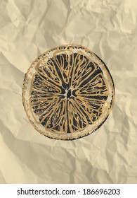 Orange slice on bright crumpled paper texture background - vintage illustration, eps10