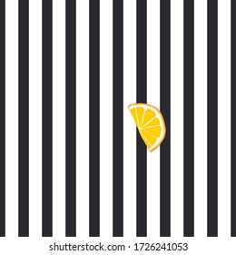 Orange slice on striped black and white background. Vector seamless pattern. Simple minimalist design.