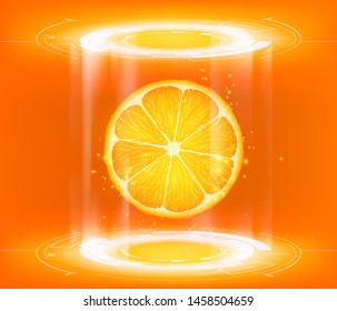 Orange slice on a technological futuristic user interface. Vector illustration
