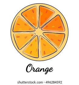 Orange slice on white background. Vector illustration for decorative poster, emblem natural product, farmers market. Perfect for packaging design of cosmetics and food.