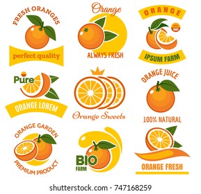 Orange slice products emblems. Cartoon dessert oranges with green leaves fruits graphic logo set isolated on white background
