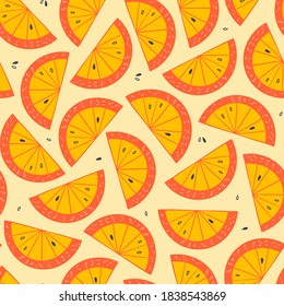 Orange slice seamless pattern. Citrus fruit yellow and orange background in cartoon style. Juicy tasty appetizing illustration. Fresh up lemonade concept. Summer wallpaper.