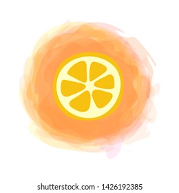 Orange slice. Sketch isolated fruit on watercolor round background. Hand drawn doodle vector. Organic food label. Environmentally friendly product. Vegan cuisine. Vegetarian menu