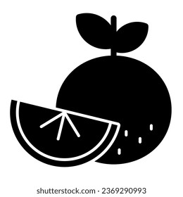 Orange and slice solid icon. Fresh ripe oranges with leaves glyph style pictogram on white background. Winter fruit vitamins for mobile concept and web design. Vector graphics