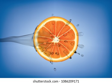 An orange slice splashed with water in a realistic depiction