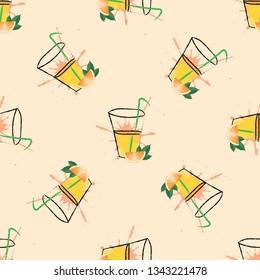 Orange slice, tube for drinking seamless pattern. Natural fresh orange juice in a glass hatching style.