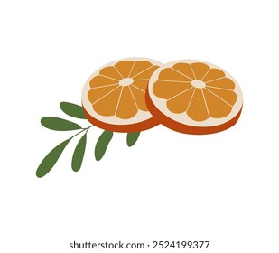 Ilustração de desenho animado de vetor de fatia laranja isolada no fundo branco. Fatias de laranja vibrante com folhas. Corte os citrinos metade. Vista lateral, comida vitamínica. Mandarina fresca madura para rótulo de embalagem de suco.