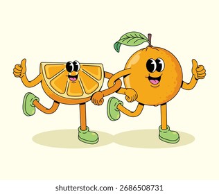 Rodaja naranja y naranja caminan juntos Groovy ilustración de dibujos animados