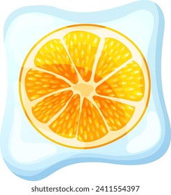 Orange slice with water drops on light blue background. Citrus fruit, refreshing and juicy. Vitamin C and Healthy diet concept vector illustration.