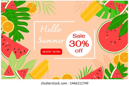 Orange slice, watermelon piece, tropical leaves and Popsicle. Summer sale banner template. Flat design vector illustration.