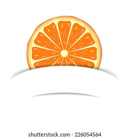 Orange slice with white blank paper banner. Citrus juice advert