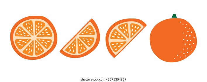 Orange slice and whole cute colorful fruit doodle hand drawn icon. Color drawing orange line clipart symbol. Vector illustration