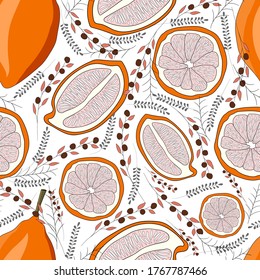 Orange slices and branches with berries on a white background. Vector  seamless pattern.