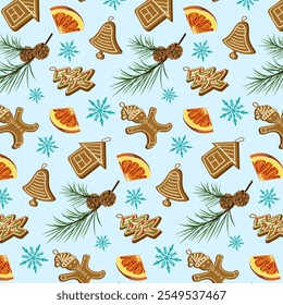 Orange slices and Christmas cookies.Vector seamless pattern with figured Christmas cookies, orange slices and fir tree branches on a blue background.