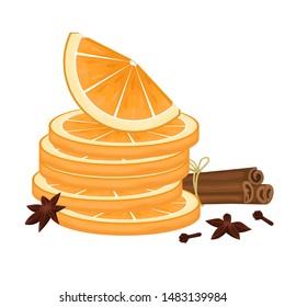 Orange slices. Cinnamon sticks tied with rope, cloves and star anise. Spices for mulled wine.