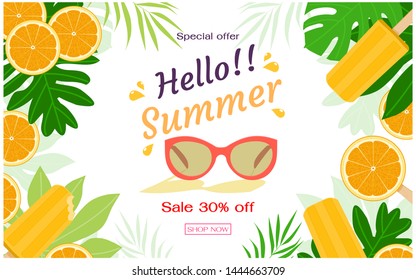 Orange slices and citrus flavor Popsicle with tropical leaves. Summer sale banner template. Flat design vector illustration.