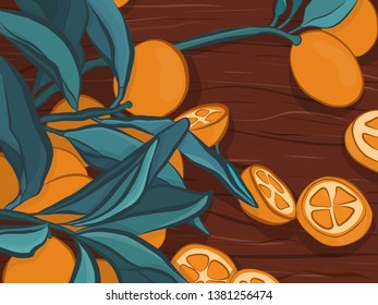 Orange slices, collection of vector illustrations on a table background. Pattern with citrus and leaves on a wooden background. Vector illustration