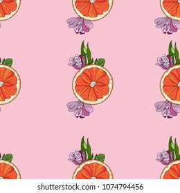 Orange slices with flowers seamless pattern on pink background. Vector illustration