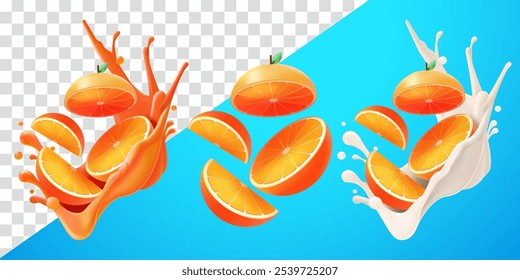 Orange slices with flying splash juice and fresh milk. Suitable for decoration, elements, food and drinks