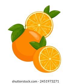 Orange slices. Fresh citrus, half sliced oranges. Orange is a fruit that is sour and has high vitamin C. Flat style. Vector illustration