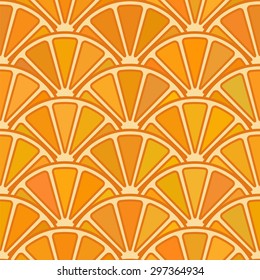 Orange slices. Geometric seamless pattern of circles and segments resembling an orange. Abstract bright background. Vector illustration.It can be used for gift wrapping.