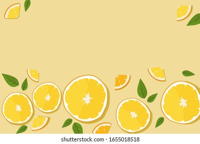 Orange slices and green leaves isolated on yellow Pastel background. Oranges seamless pattern. copy space for your wording.