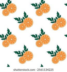 Orange slices and holly leaves seamless pattern on white background