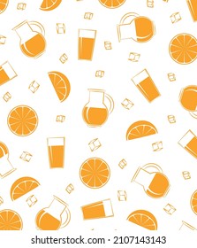 Orange slices and ice cubes on the background of jugs and glasses with juice. Sample. Background. Monochrome, bright image. Vector illustration.