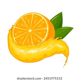 Orange slices with juicy splash. Fresh citrus, half sliced oranges. Orange is a fruit that is sour and has high vitamin C. Flat style. Vector illustration
