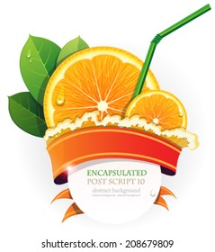 Orange slices with leaves, straw and ribbon on white background