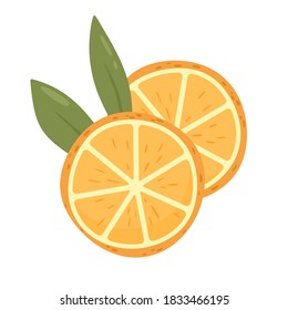 Cortes de naranja con hojas. Ilustración vectorial en estilo plano.