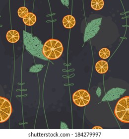 Orange slices and leaves. Vector seamless pattern.